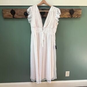 Lulus‎ Womens XL White Polka Dot Mesh Midi Dress V Neck Ruffle Sleeve